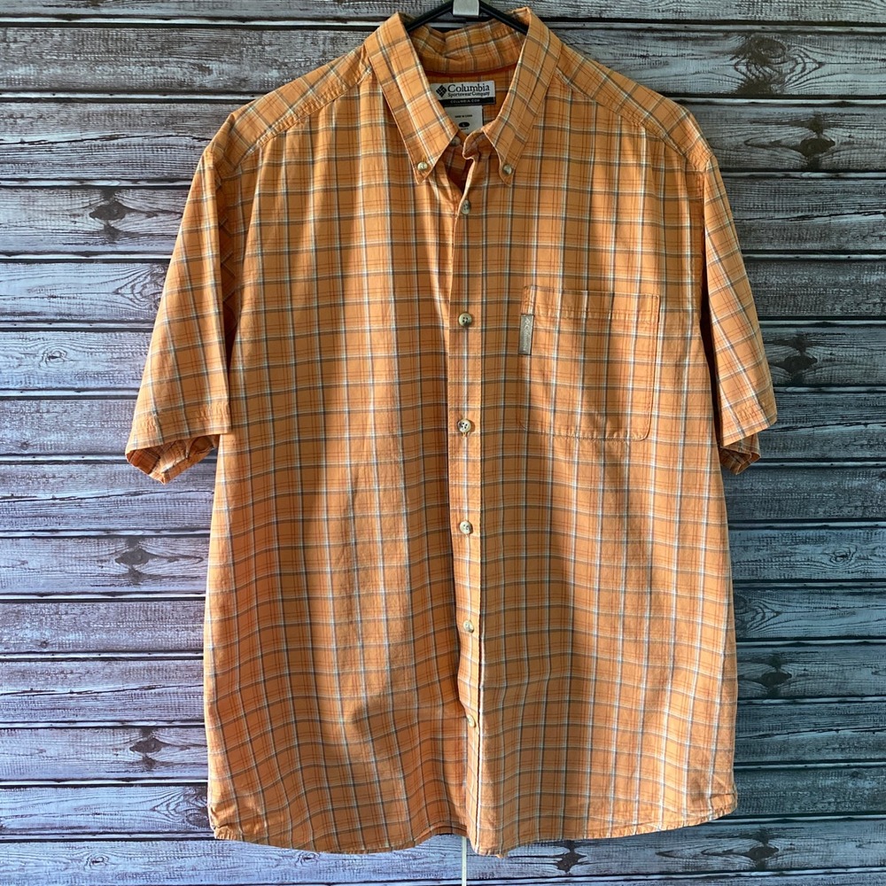 Columbia Men's Short-Sleeved Button-Down‎ Shirt Size L Orange Plaid Logo